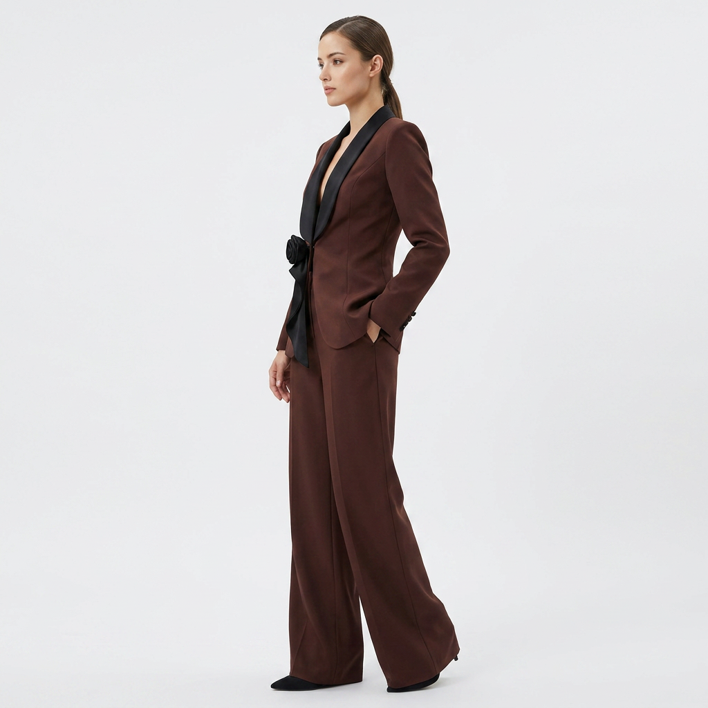 Satin Lapel Blazer and Wide Leg Pants Set for Meetings and Executive Elegance Women-Vyana Collective