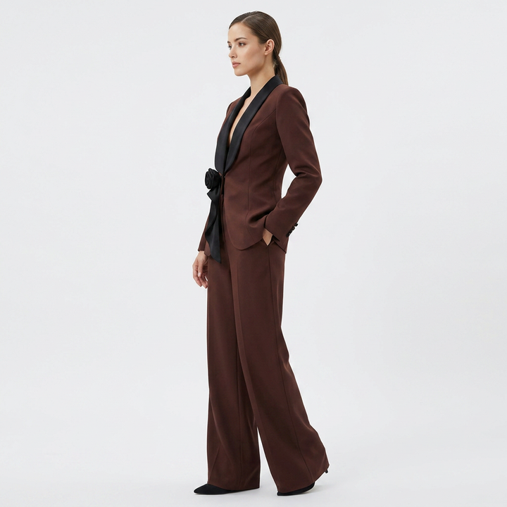 Satin Lapel Blazer and Wide Leg Pants Set for Meetings and Executive Elegance Women-Vyana Collective