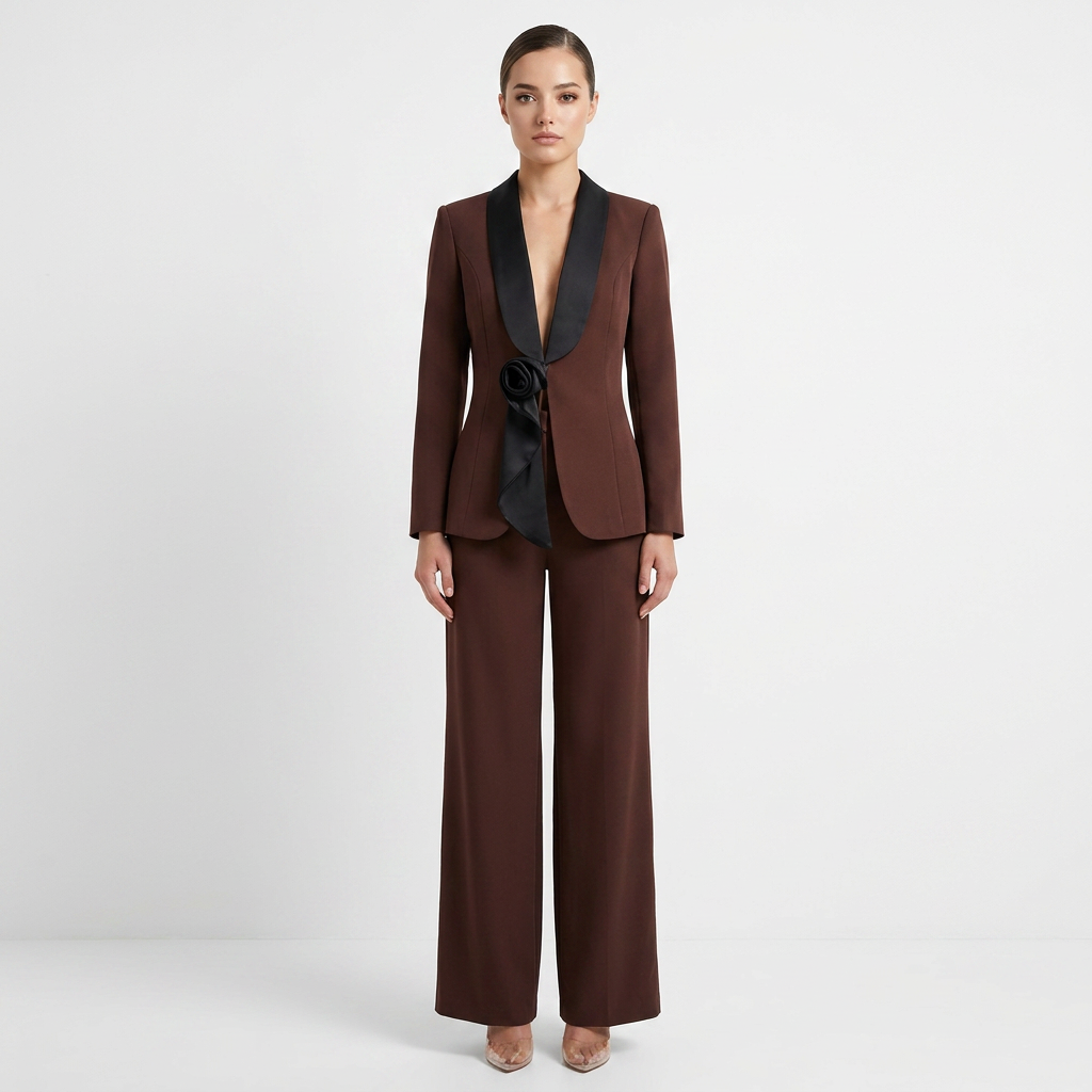 Satin Lapel Blazer and Wide Leg Pants Set for Meetings and Executive Elegance Women-Vyana Collective