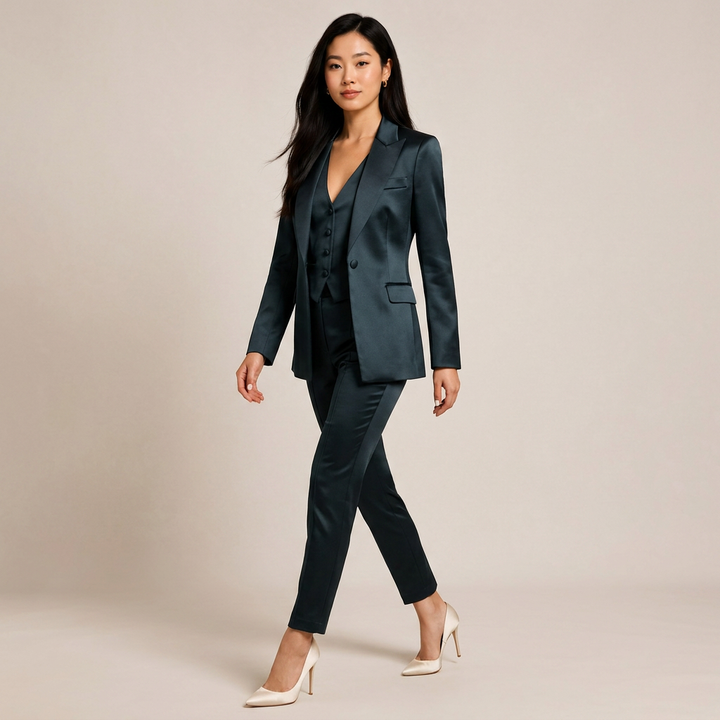 Satin Three Piece Suit Set for Meetings Ready and Evening Power Dressing Women-Vyana Collective