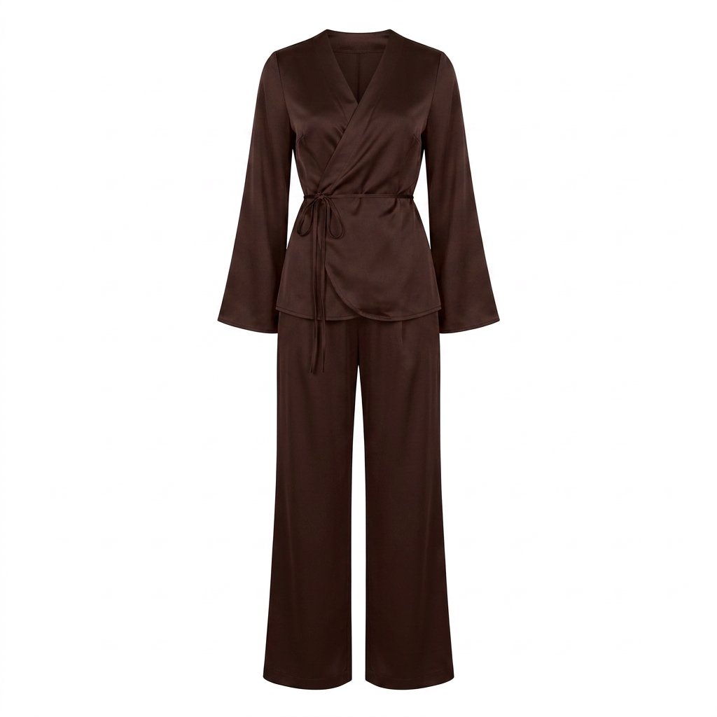 Satin Wrap Top and Wide Leg Pants Set for Meetings Ready and Effortless Elegance Women-Vyana Collective