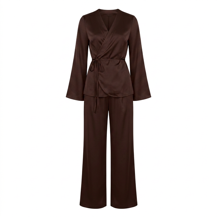 Satin Wrap Top and Wide Leg Pants Set for Meetings Ready and Effortless Elegance Women-Vyana Collective