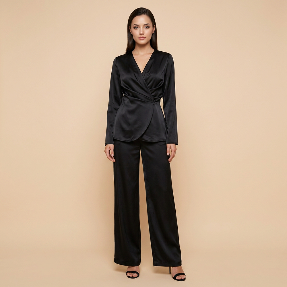 Satin Wrap Top and Wide Leg Pants Set for Meetings Ready and Effortless Elegance Women-Vyana Collective