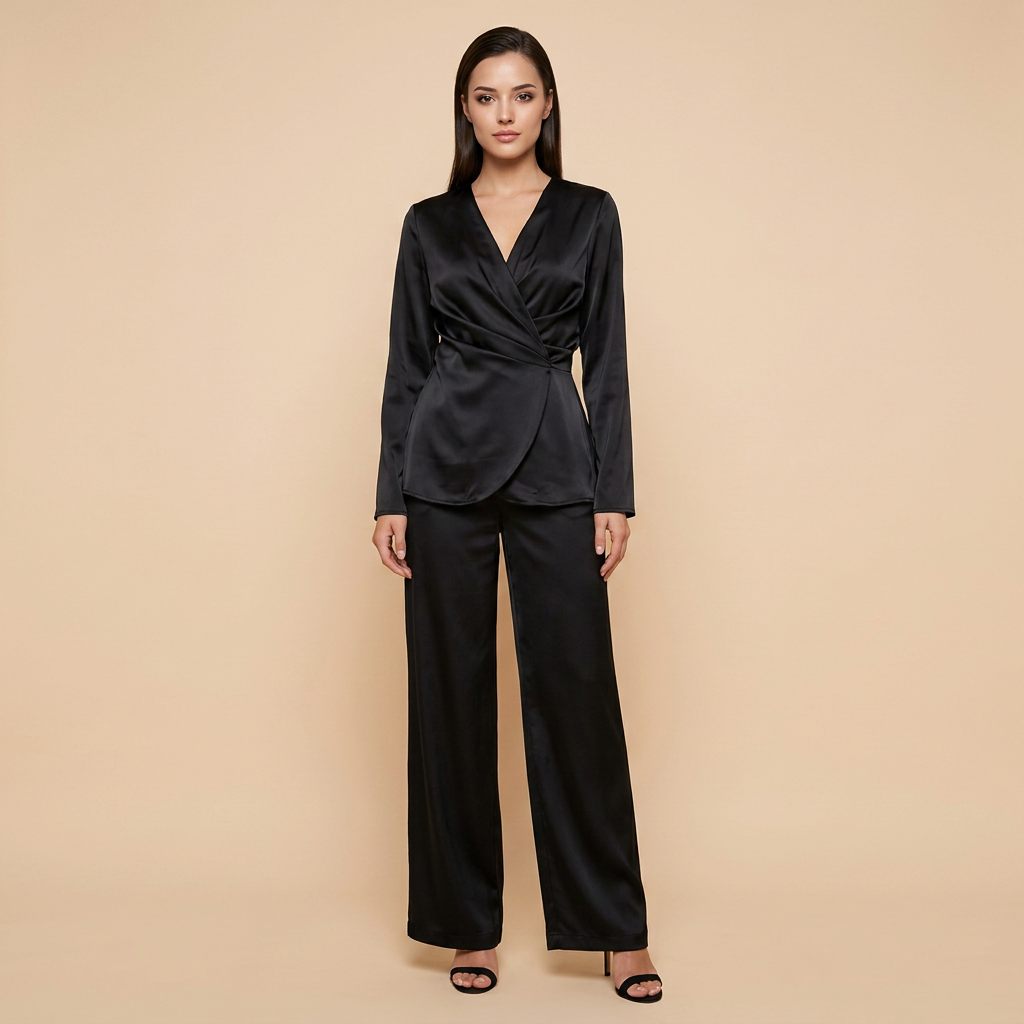Satin Wrap Top and Wide Leg Pants Set for Meetings Ready and Effortless Elegance Women-Vyana Collective