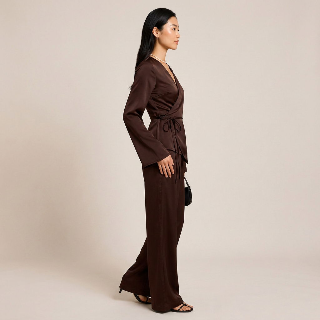 Satin Wrap Top and Wide Leg Pants Set for Meetings Ready and Effortless Elegance Women-Vyana Collective