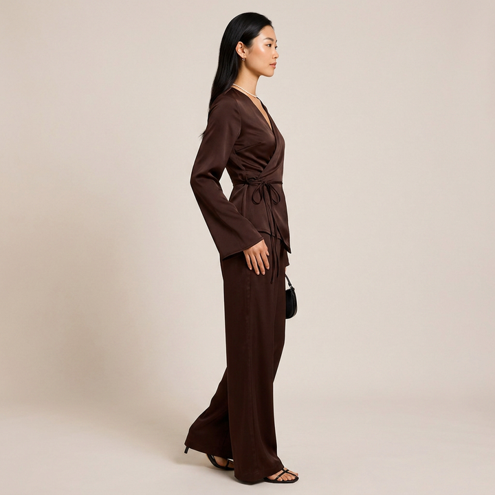 Satin Wrap Top and Wide Leg Pants Set for Meetings Ready and Effortless Elegance Women-Vyana Collective