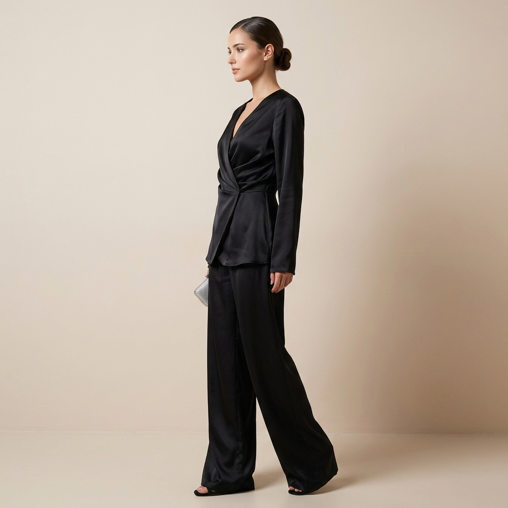 Satin Wrap Top and Wide Leg Pants Set for Meetings Ready and Effortless Elegance Women-Vyana Collective