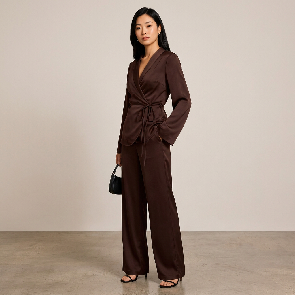 Satin Wrap Top and Wide Leg Pants Set for Meetings Ready and Effortless Elegance Women-Vyana Collective