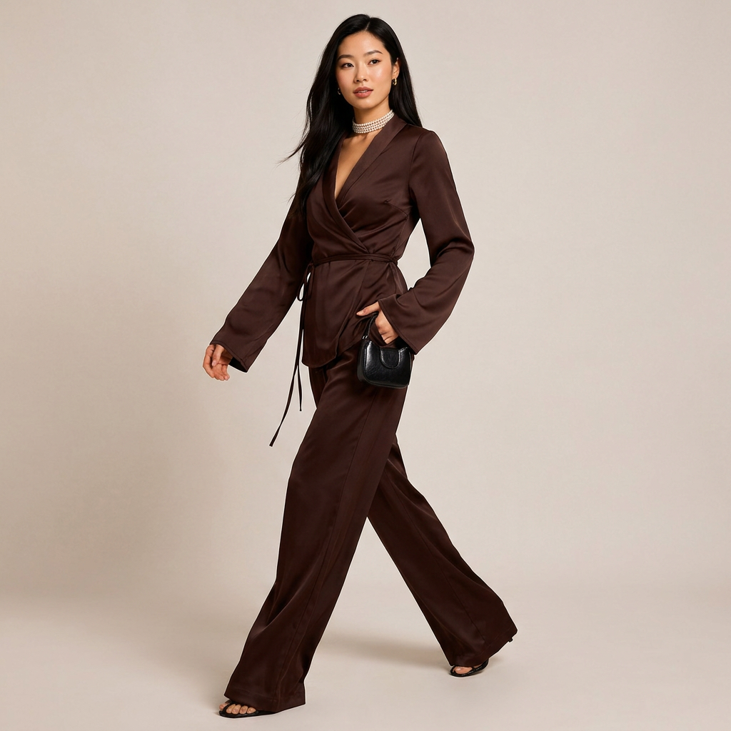 Satin Wrap Top and Wide Leg Pants Set for Meetings Ready and Effortless Elegance Women-Vyana Collective