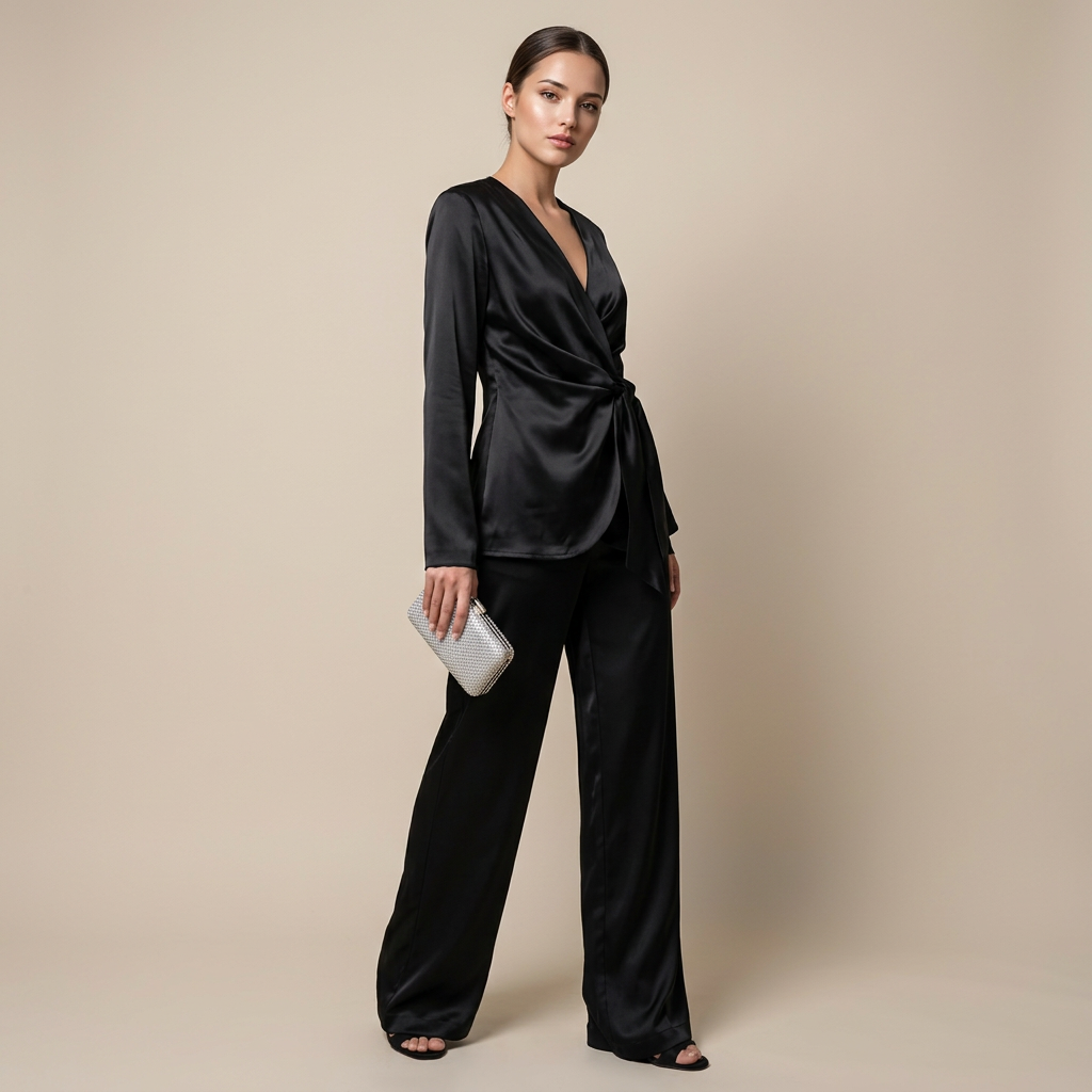 Satin Wrap Top and Wide Leg Pants Set for Meetings Ready and Effortless Elegance Women-Vyana Collective