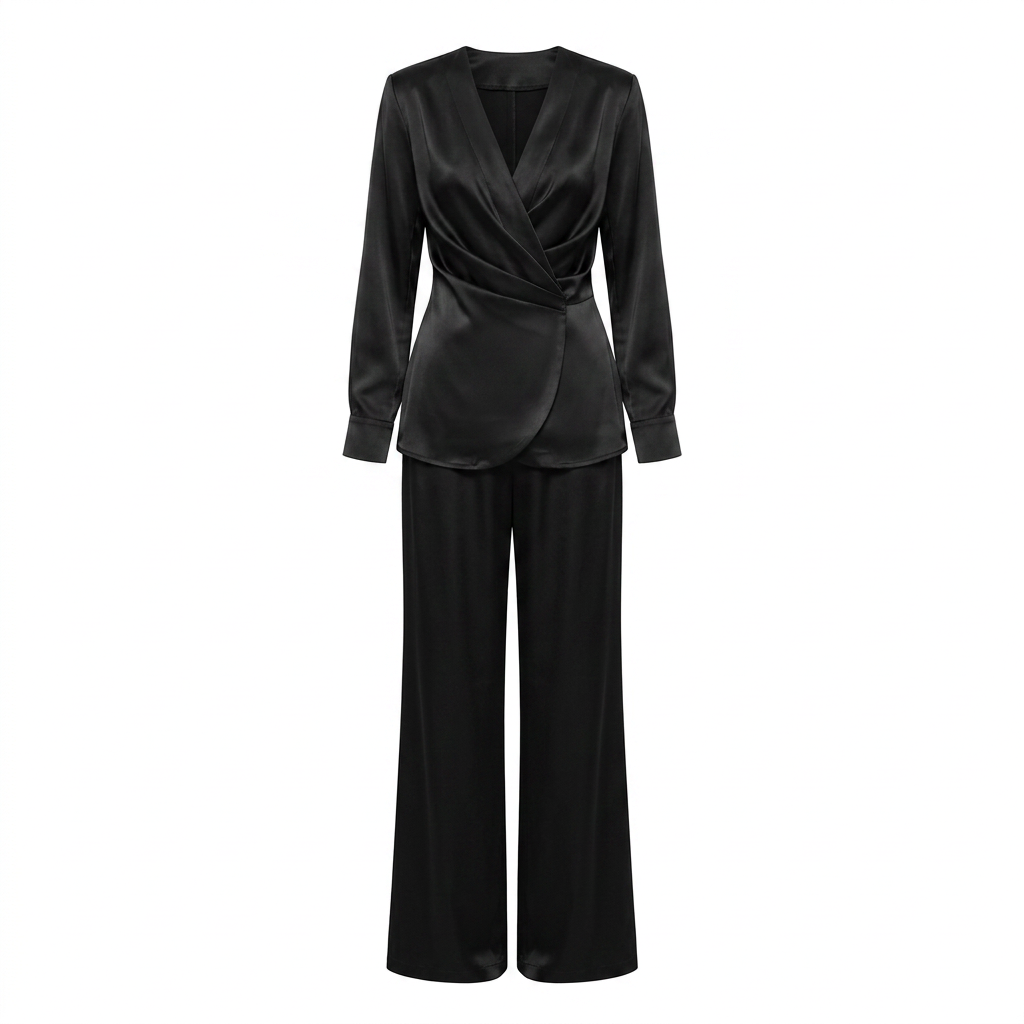 Satin Wrap Top and Wide Leg Pants Set for Meetings Ready and Effortless Elegance Women-Vyana Collective