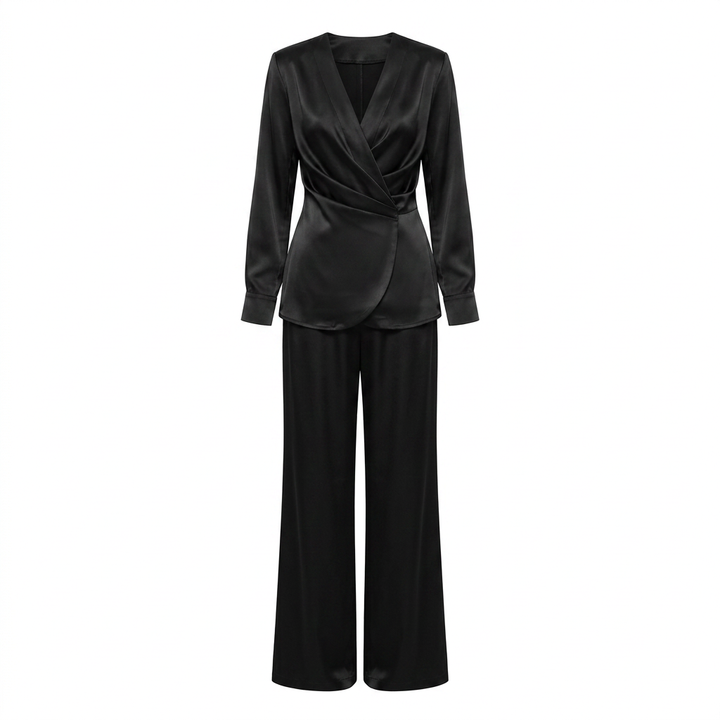 Satin Wrap Top and Wide Leg Pants Set for Meetings Ready and Effortless Elegance Women-Vyana Collective