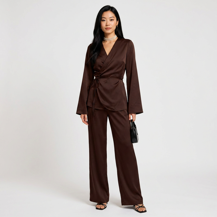 Satin Wrap Top and Wide Leg Pants Set for Meetings Ready and Effortless Elegance Women-Vyana Collective