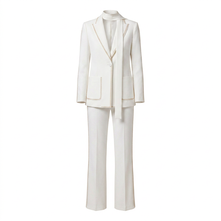 Scarf Detail Blazer and Wide Leg Pants Suit Set for Meetings Ready and Modern Executive Style Women-Vyana Collective