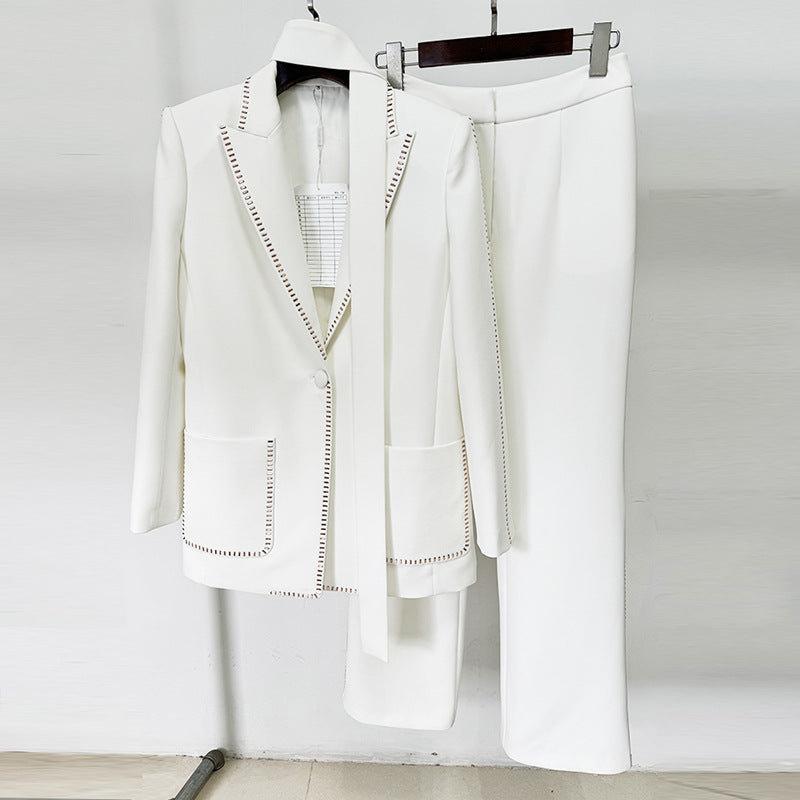 Scarf Detail Blazer and Wide Leg Pants Suit Set for Meetings Ready and Modern Executive Style Women-Vyana Collective