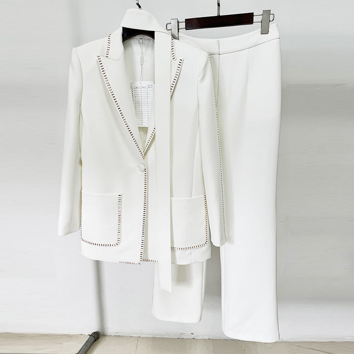 Scarf Detail Blazer and Wide Leg Pants Suit Set for Meetings Ready and Modern Executive Style Women-Vyana Collective