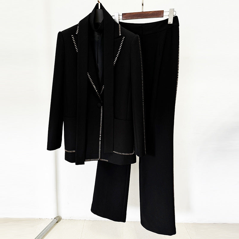 Scarf Detail Blazer and Wide Leg Pants Suit Set for Meetings Ready and Modern Executive Style Women-Vyana Collective