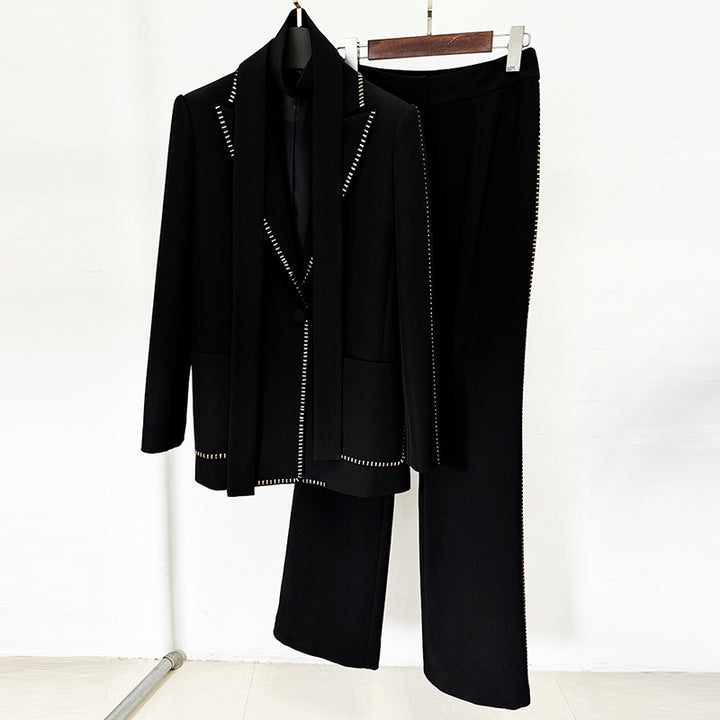 Scarf Detail Blazer and Wide Leg Pants Suit Set for Meetings Ready and Modern Executive Style Women-Vyana Collective