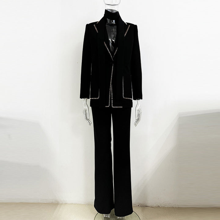 Scarf Detail Blazer and Wide Leg Pants Suit Set for Meetings Ready and Modern Executive Style Women-Vyana Collective
