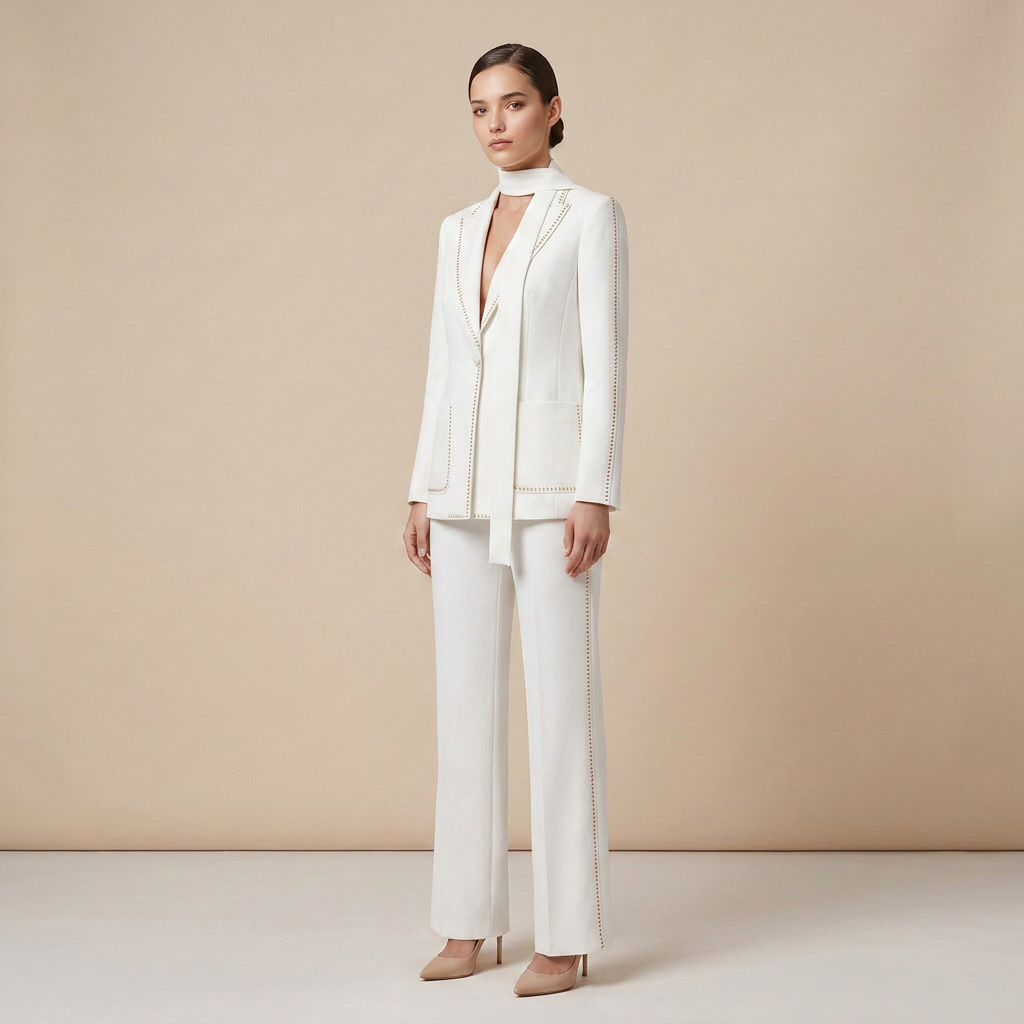 Scarf Detail Blazer and Wide Leg Pants Suit Set for Meetings Ready and Modern Executive Style Women-Vyana Collective