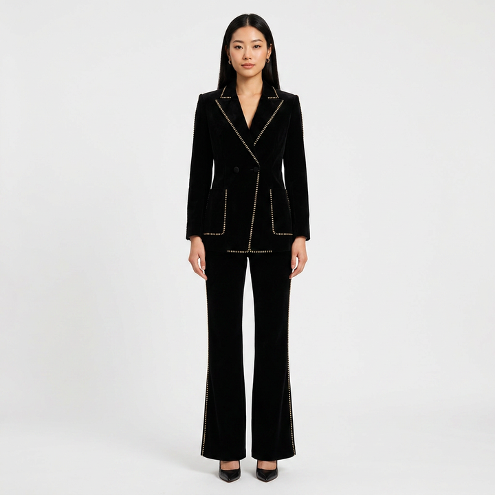 Scarf Detail Blazer and Wide Leg Pants Suit Set for Meetings Ready and Modern Executive Style Women-Vyana Collective