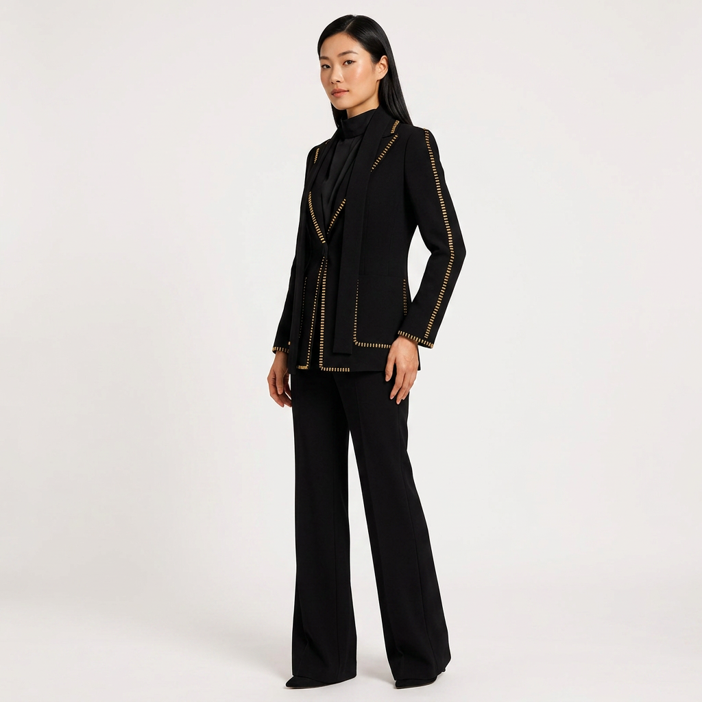 Scarf Detail Blazer and Wide Leg Pants Suit Set for Meetings Ready and Modern Executive Style Women-Vyana Collective