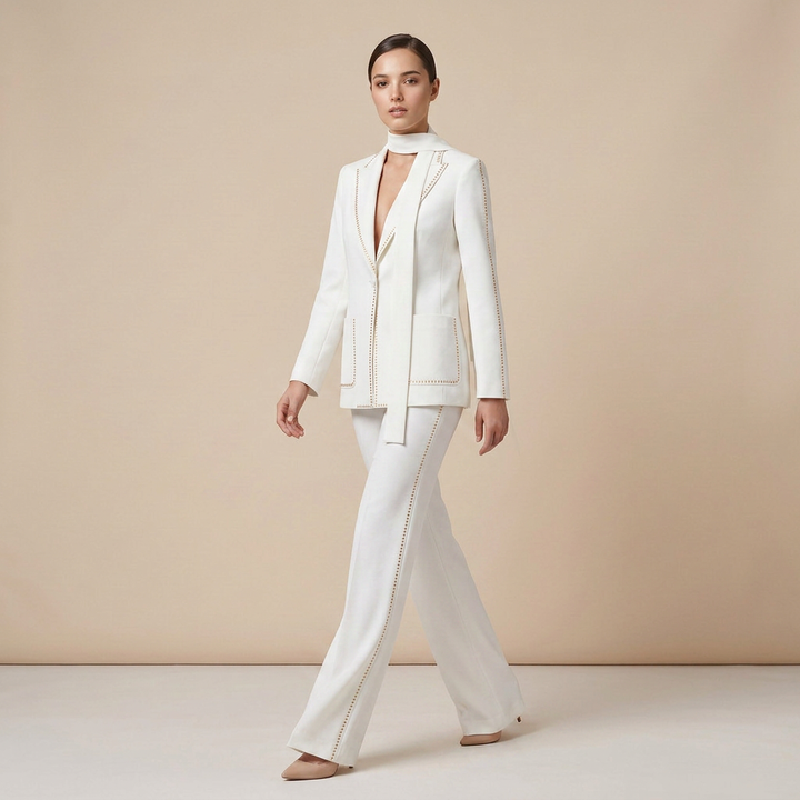 Scarf Detail Blazer and Wide Leg Pants Suit Set for Meetings Ready and Modern Executive Style Women-Vyana Collective