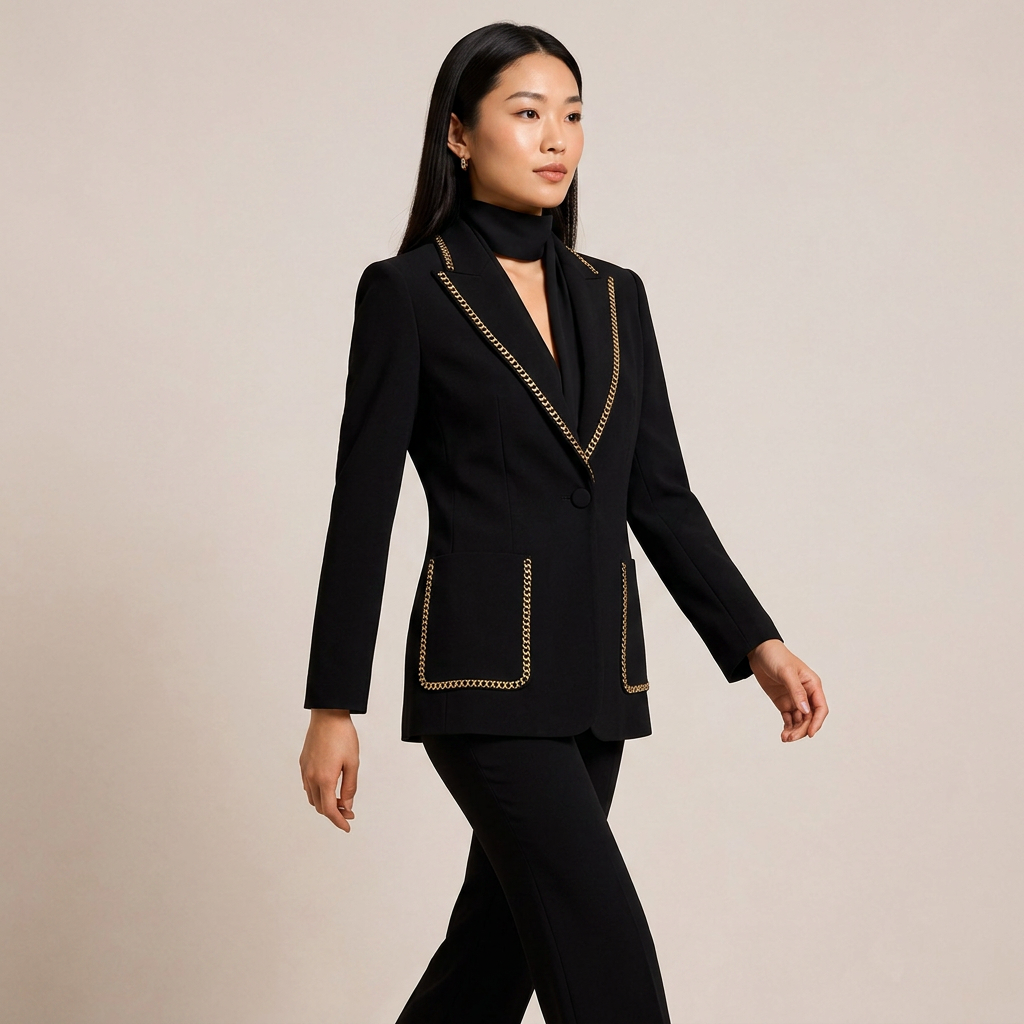 Scarf Detail Blazer and Wide Leg Pants Suit Set for Meetings Ready and Modern Executive Style Women-Vyana Collective
