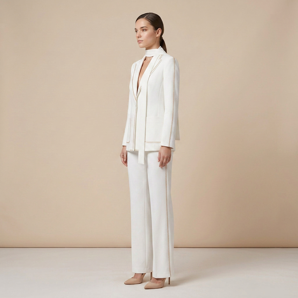 Scarf Detail Blazer and Wide Leg Pants Suit Set for Meetings Ready and Modern Executive Style Women-Vyana Collective