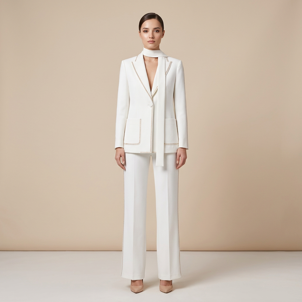 Scarf Detail Blazer and Wide Leg Pants Suit Set for Meetings Ready and Modern Executive Style Women-Vyana Collective