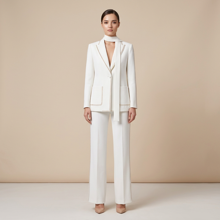 Scarf Detail Blazer and Wide Leg Pants Suit Set for Meetings Ready and Modern Executive Style Women-Vyana Collective