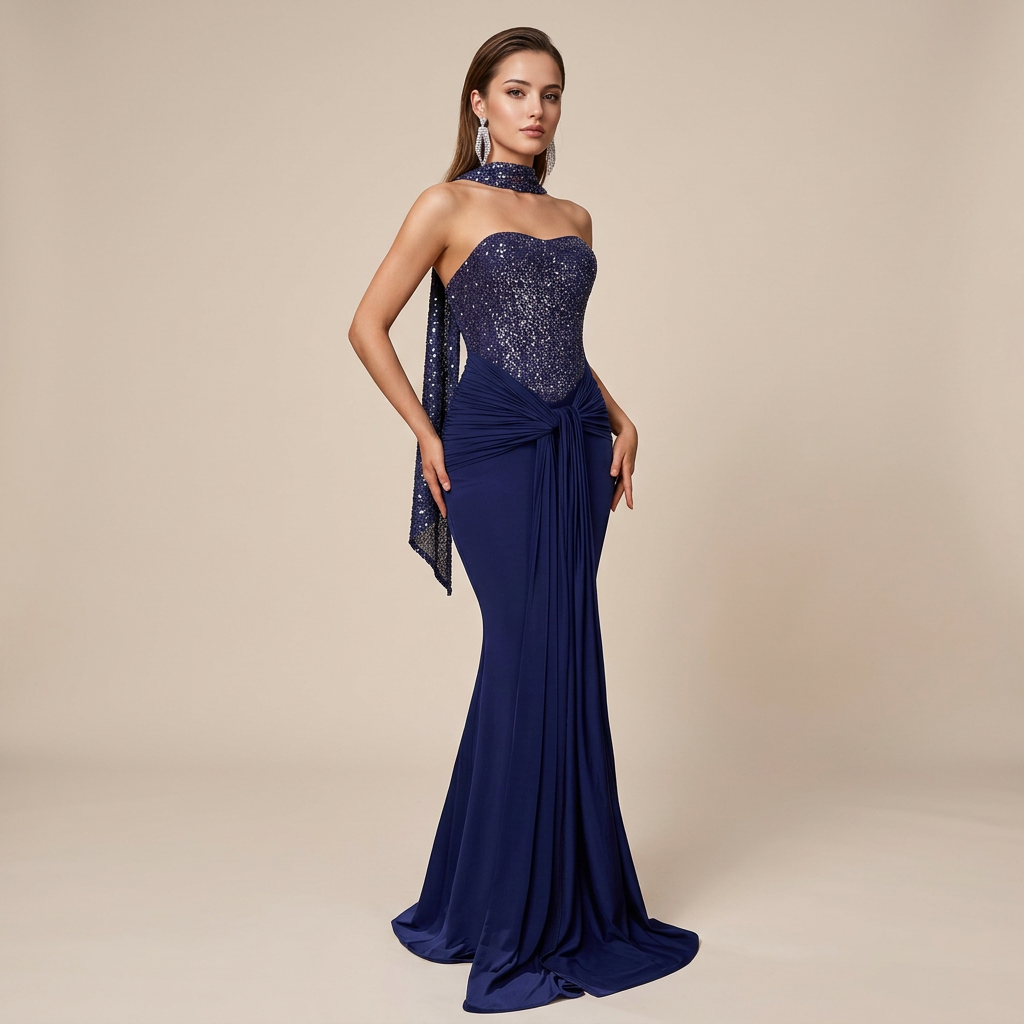 Sequin Bodice Mermaid Evening Gown with Ruched Drape &amp; Neck Scarf-Vyana Collective