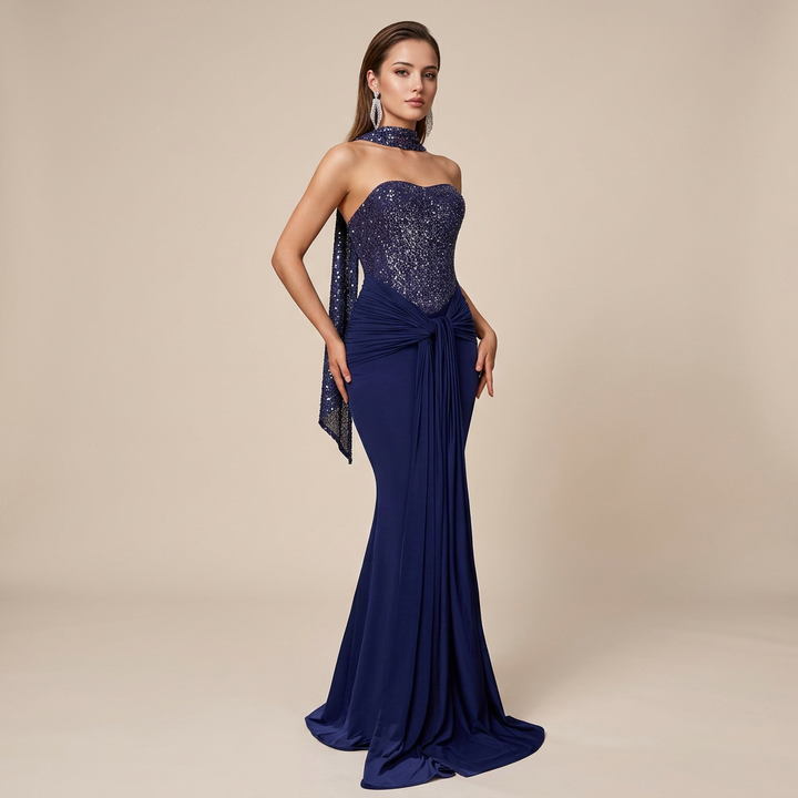 Sequin Bodice Mermaid Evening Gown with Ruched Drape &amp; Neck Scarf-Vyana Collective