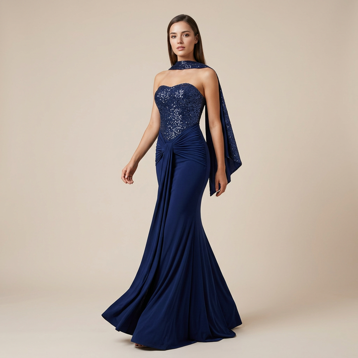 Sequin Bodice Mermaid Evening Gown with Ruched Drape &amp; Neck Scarf-Vyana Collective