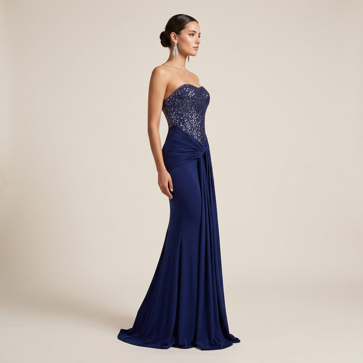 Sequin Bodice Mermaid Evening Gown with Ruched Drape &amp; Neck Scarf-Vyana Collective