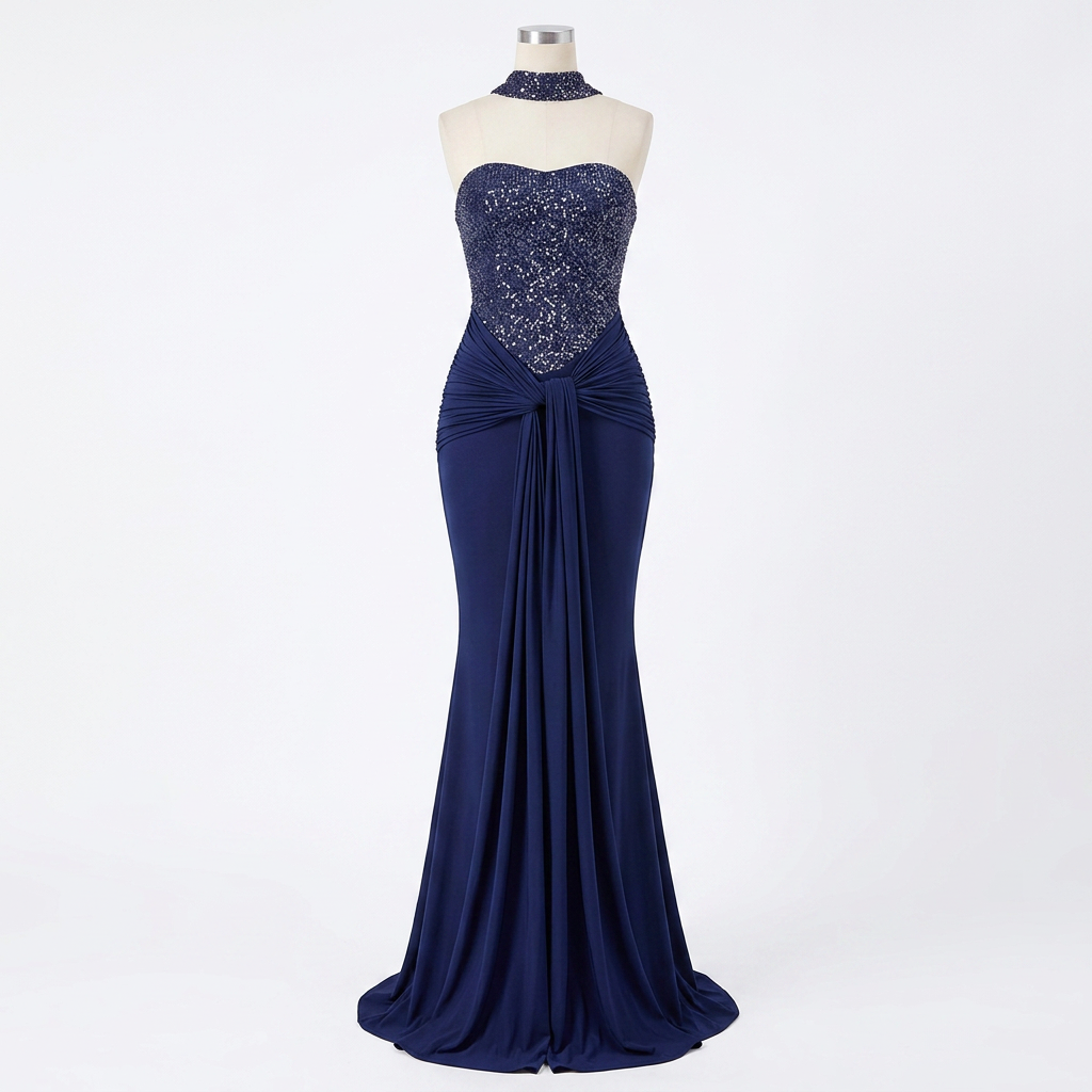 Sequin Bodice Mermaid Evening Gown with Ruched Drape &amp; Neck Scarf-Vyana Collective