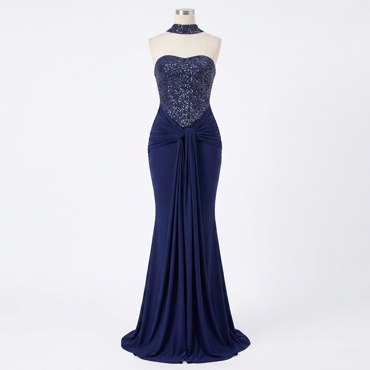 Sequin Bodice Mermaid Evening Gown with Ruched Drape &amp; Neck Scarf-Vyana Collective