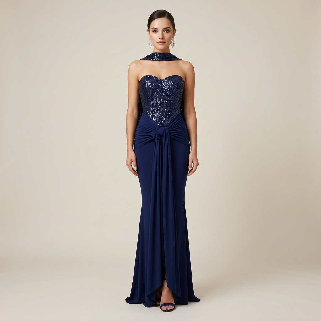 Sequin Bodice Mermaid Evening Gown with Ruched Drape &amp; Neck Scarf-Vyana Collective