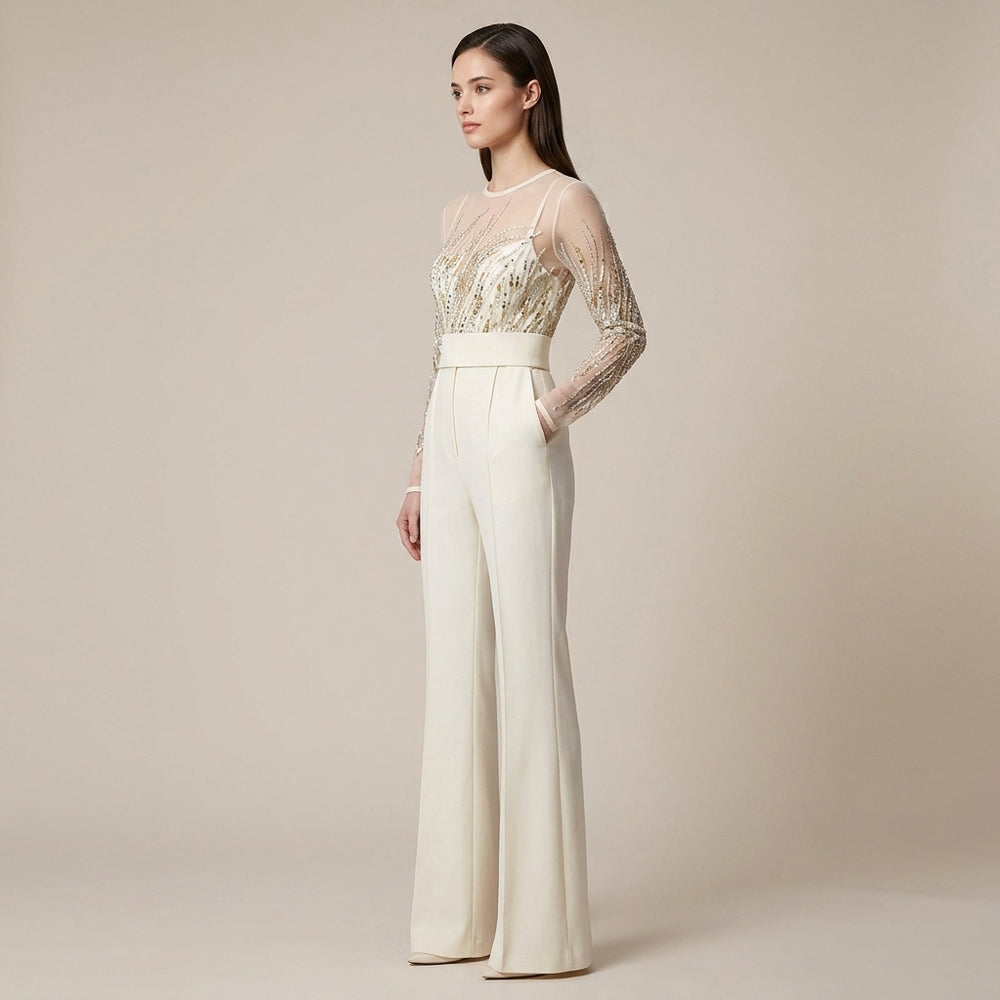 Sequin Embellished Mesh Long Sleeve Wide Leg Jumpsuit for Friday Night Vibes Women-Vyana Collective