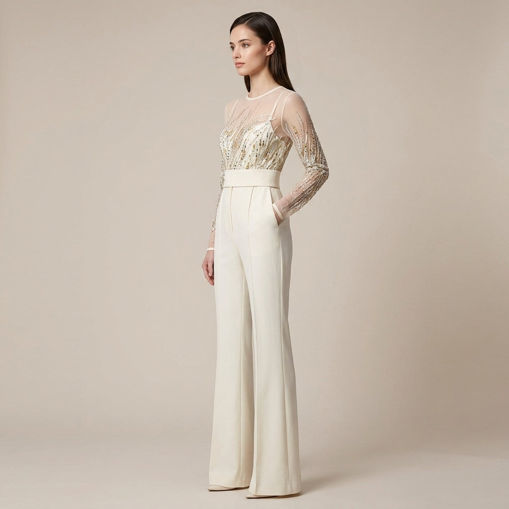 Sequin Embellished Mesh Long Sleeve Wide Leg Jumpsuit for Friday Night Vibes Women-Vyana Collective