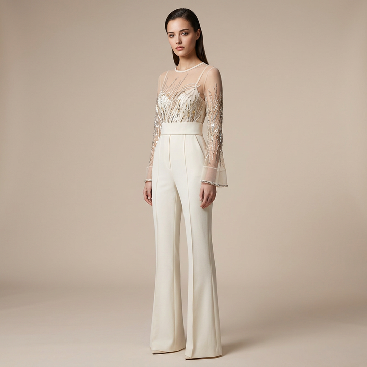 Sequin Embellished Mesh Long Sleeve Wide Leg Jumpsuit for Friday Night Vibes Women-Vyana Collective