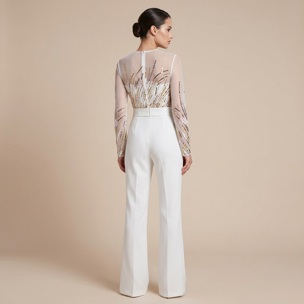 Sequin Embellished Mesh Long Sleeve Wide Leg Jumpsuit for Friday Night Vibes Women-Vyana Collective