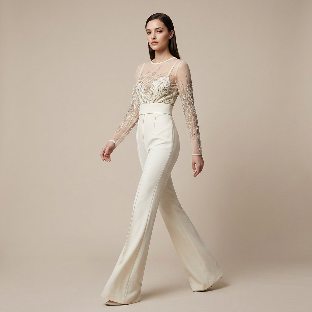 Sequin Embellished Mesh Long Sleeve Wide Leg Jumpsuit for Friday Night Vibes Women-Vyana Collective