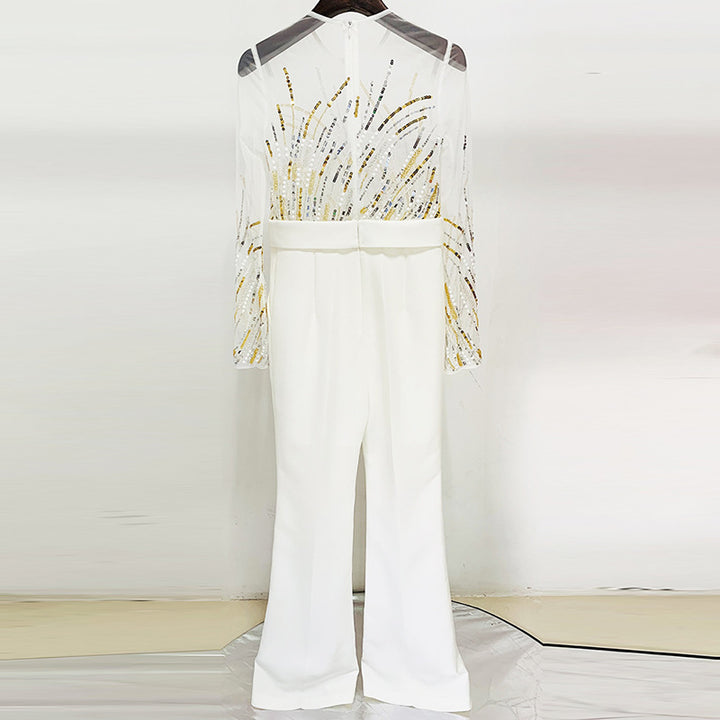 Sequin Embellished Mesh Long Sleeve Wide Leg Jumpsuit for Friday Night Vibes Women-Vyana Collective