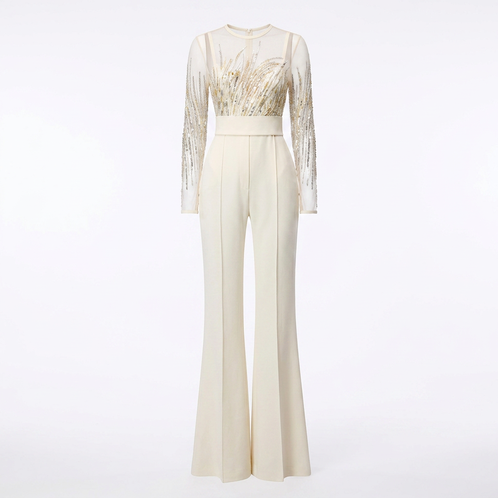 Sequin Embellished Mesh Long Sleeve Wide Leg Jumpsuit for Friday Night Vibes Women-Vyana Collective