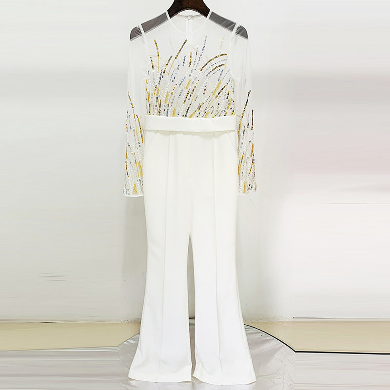 Sequin Embellished Mesh Long Sleeve Wide Leg Jumpsuit for Friday Night Vibes Women-Vyana Collective