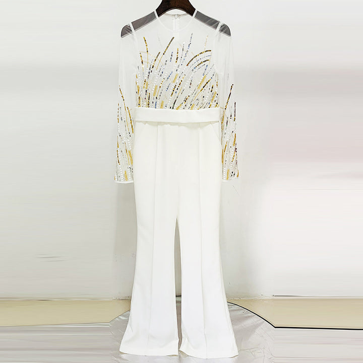 Sequin Embellished Mesh Long Sleeve Wide Leg Jumpsuit for Friday Night Vibes Women-Vyana Collective