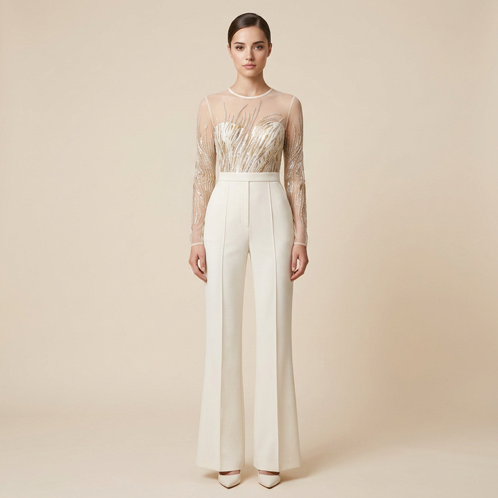 Sequin Embellished Mesh Long Sleeve Wide Leg Jumpsuit for Friday Night Vibes Women-Vyana Collective