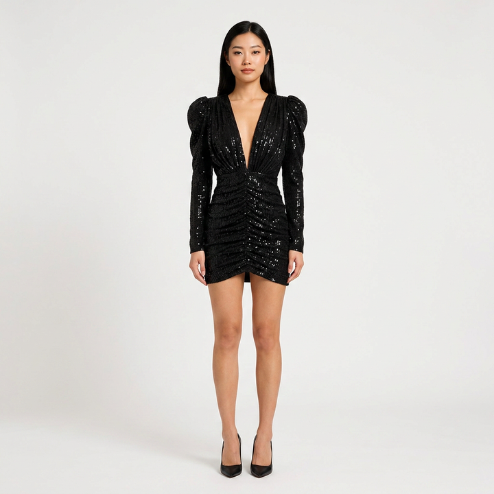 Sequin Plunge Neck Mini Dress for Friday Night Vibes and Cocktail Glamour Women-Vyana Collective