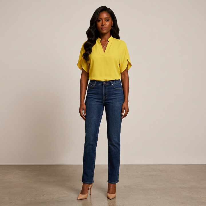 Short Sleeve V-Neck Chiffon Blouse for Meetings Ready and Everyday Office Style Women-Vyana Collective